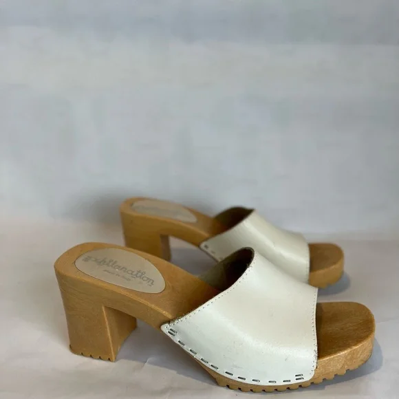 VINTAGE 90’s/Y2K White Leather Wooden Chunky Heel Open Toe Mule Size 8 - Picture 10 of 10